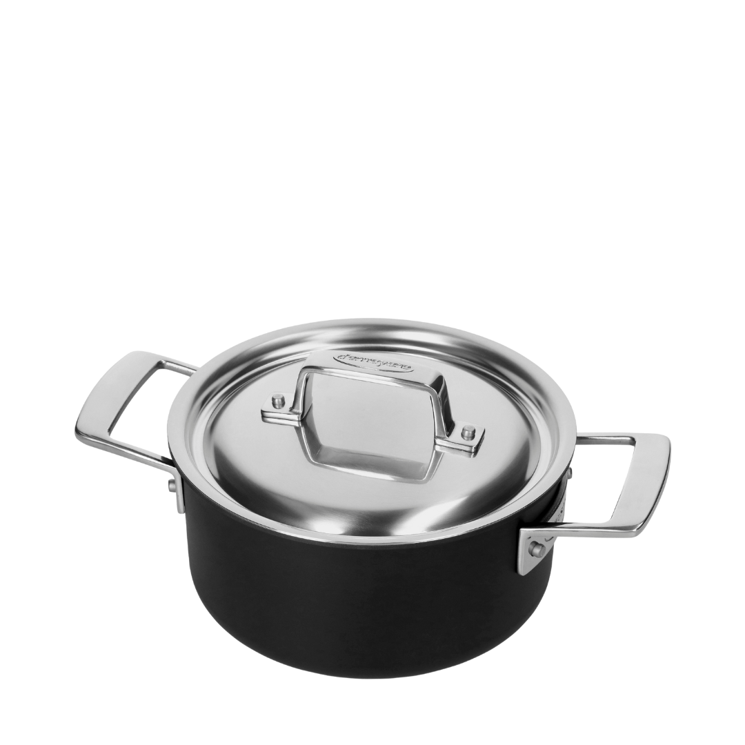 Faitout avec couvercle Demeyere Black 5, diamètre 18 cm, en acier inoxydable, conçu pour une cuisson uniforme et durable.