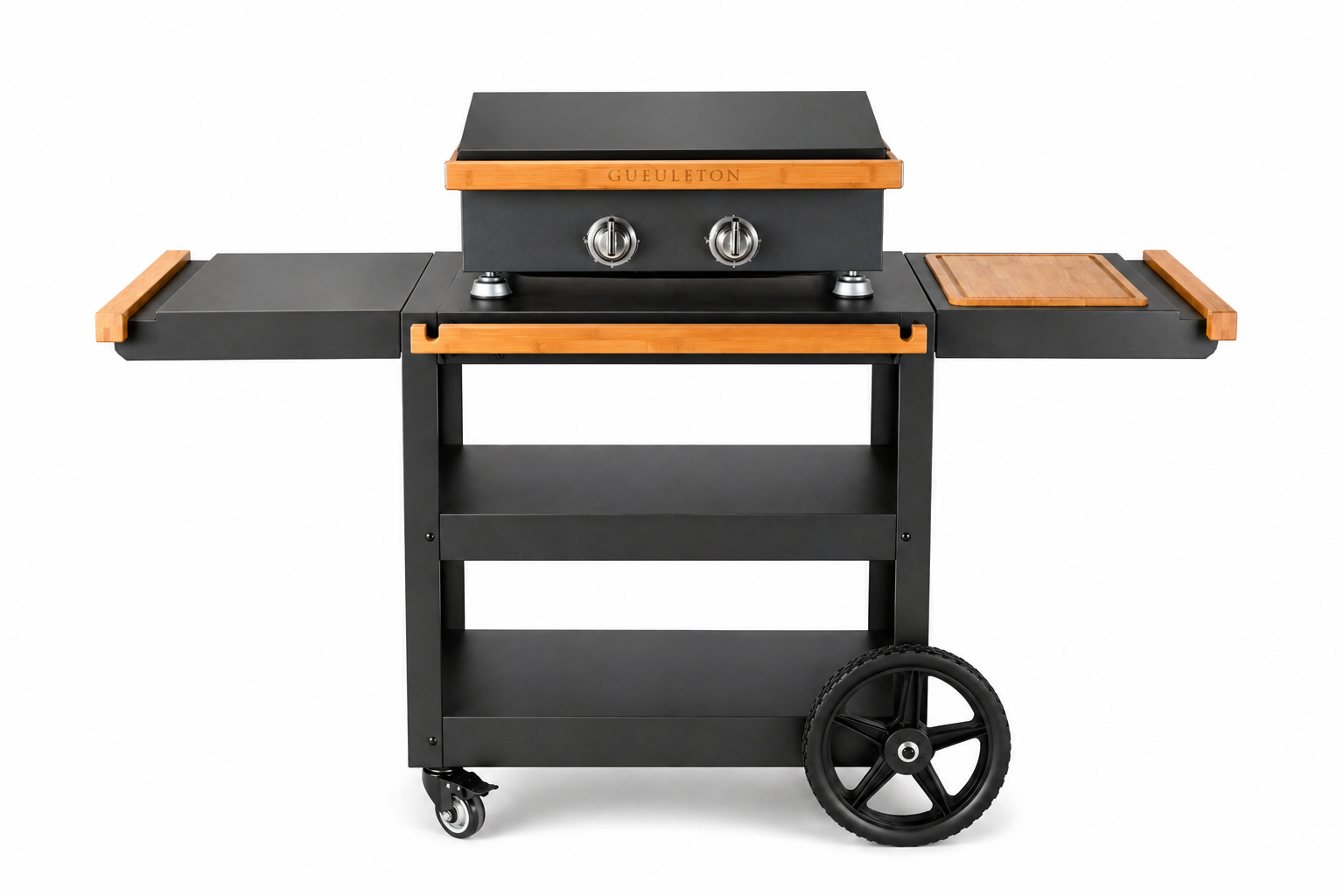 Desserte plancha Gueuleton sur roues avec planche à découper intégrée et tablettes latérales