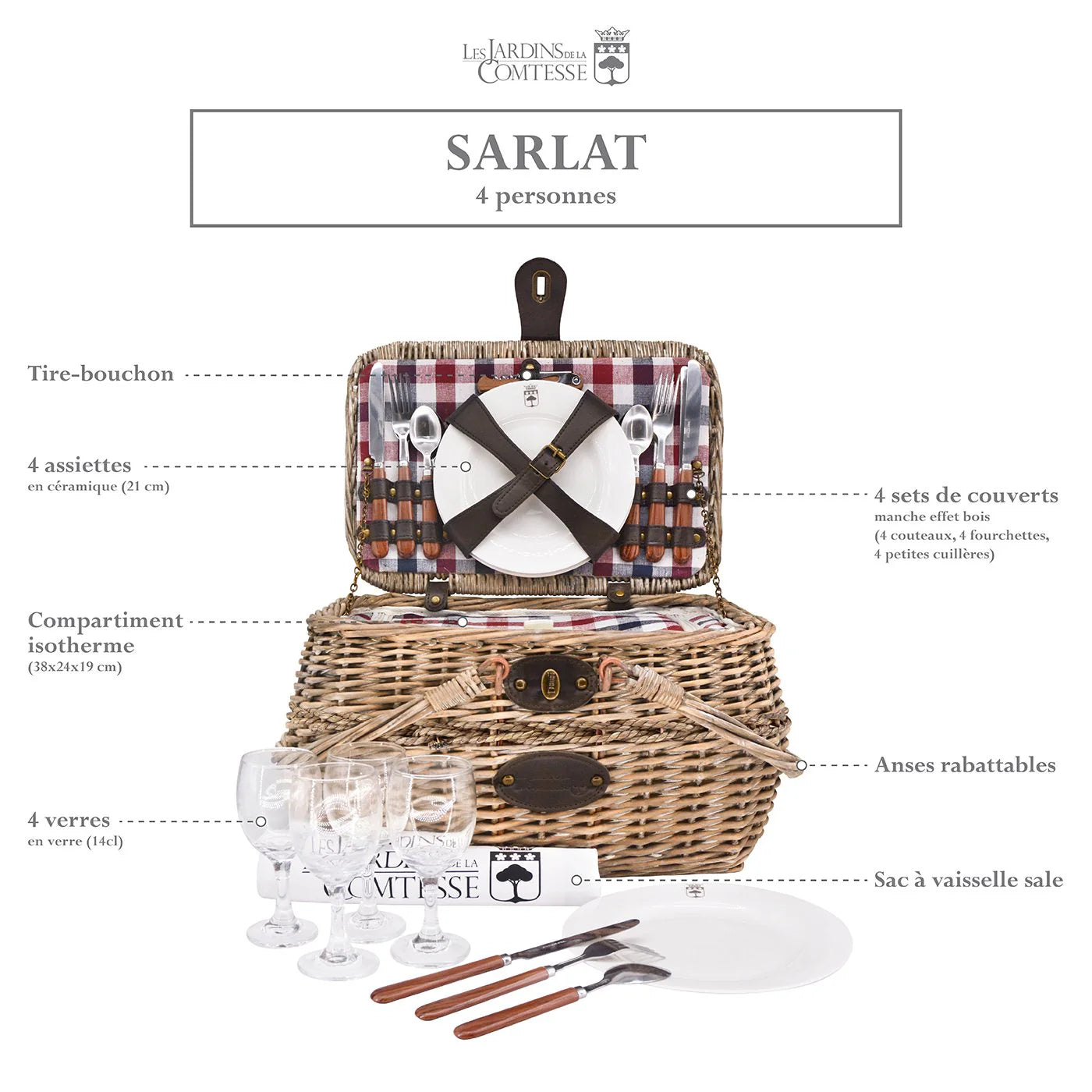 Panier pique-nique Sarlat 4 personnes – Isotherme & accessoires complets
