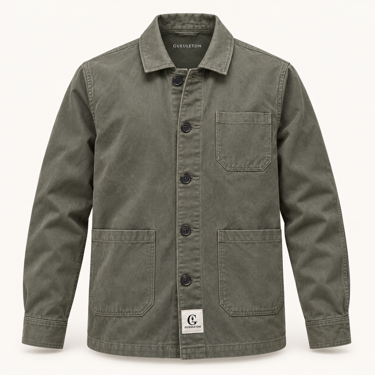 Veste worker kaki délavée Gueuleton en coton biologique 340 g/m² vue de face