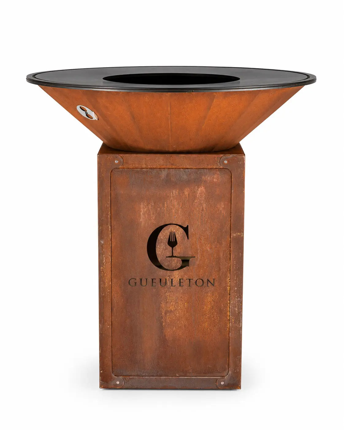 Brasero corten OYAT × Gueuleton 88 cm vue face rangement bois