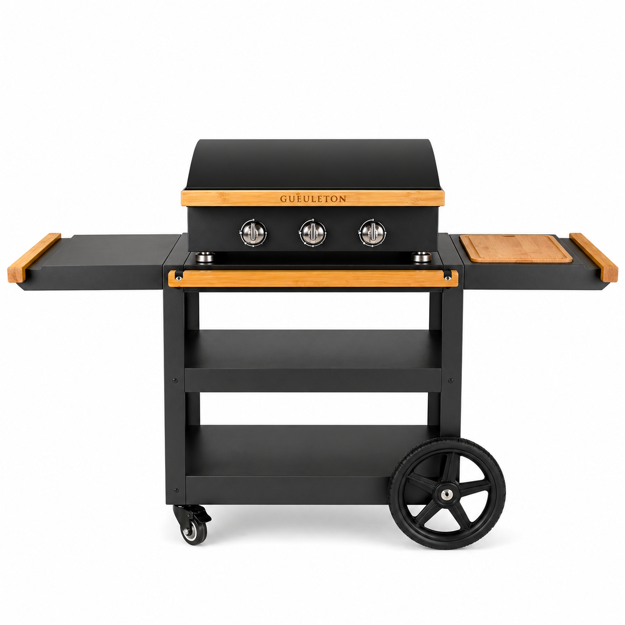 Desserte plancha gaz 3 brûleurs Gueuleton sur roues avec tablettes bambou et rangements