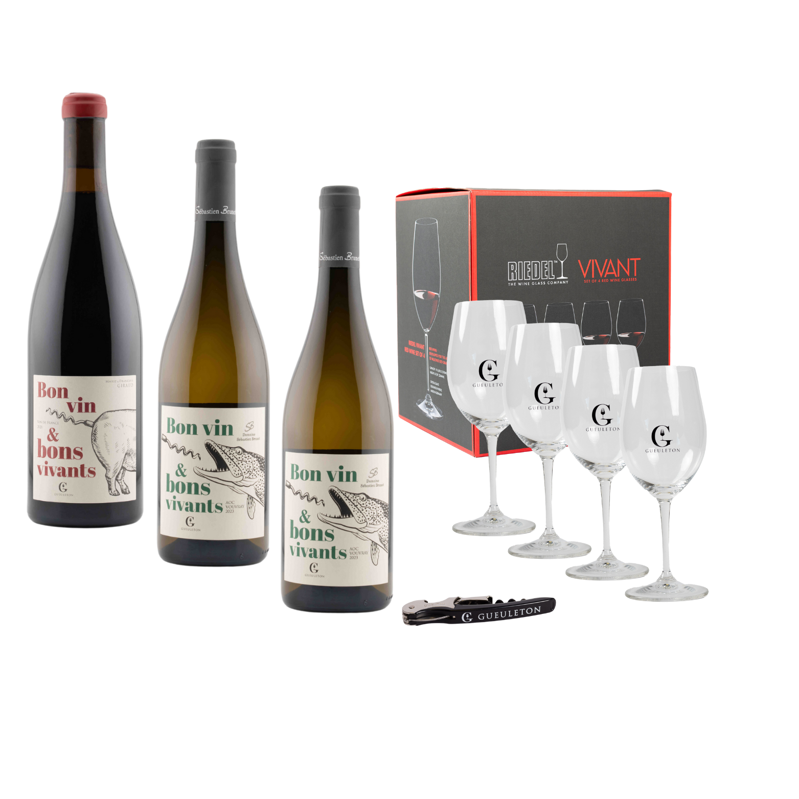 Pack Vin Gueuleton + 4 Verres Riedel Vivant + Tire-bouchon offert - 1 rouge + 2 blancs - Gueuleton