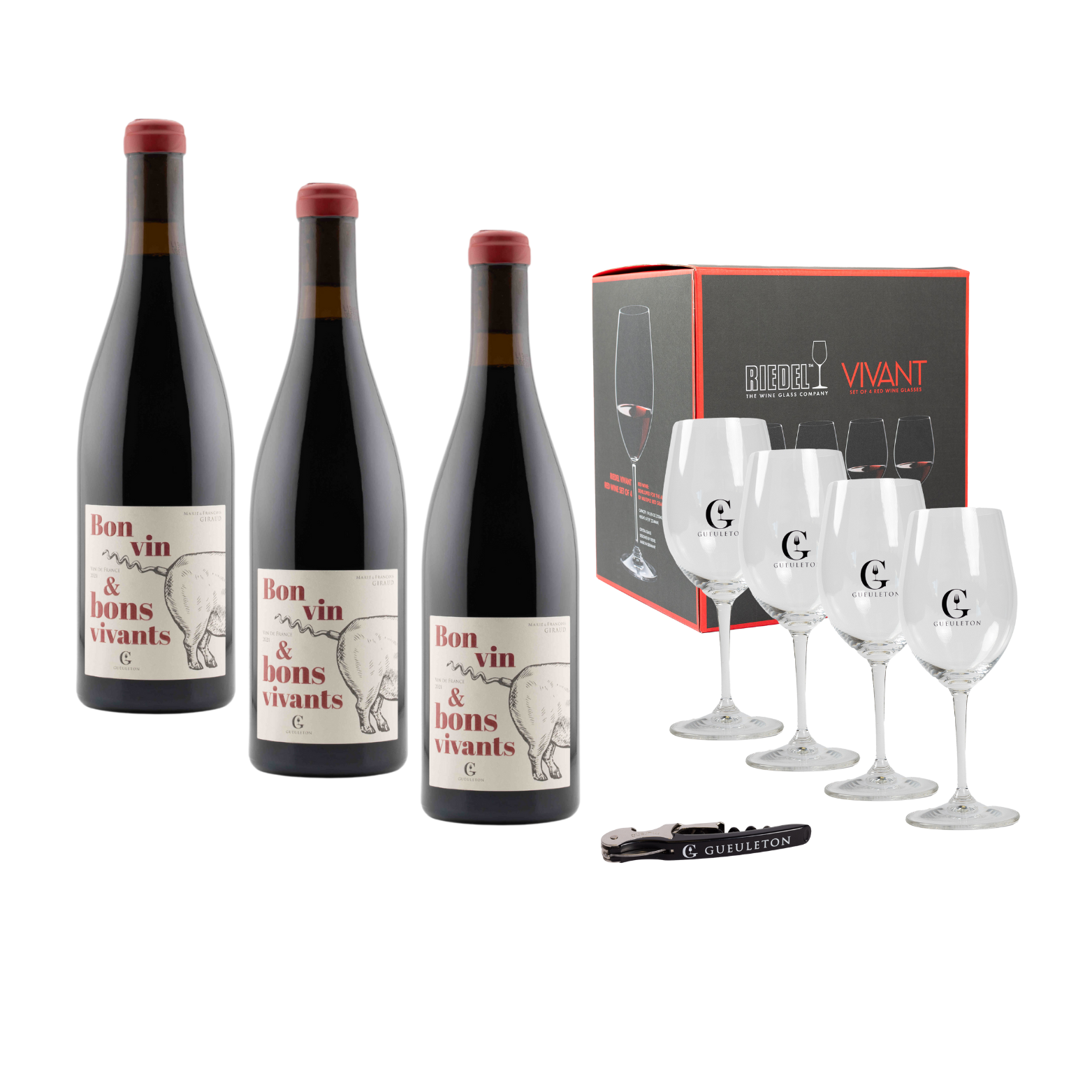 Pack Vin Gueuleton + 4 Verres Riedel Vivant + Tire-bouchon offert - 3 rouges - Gueuleton