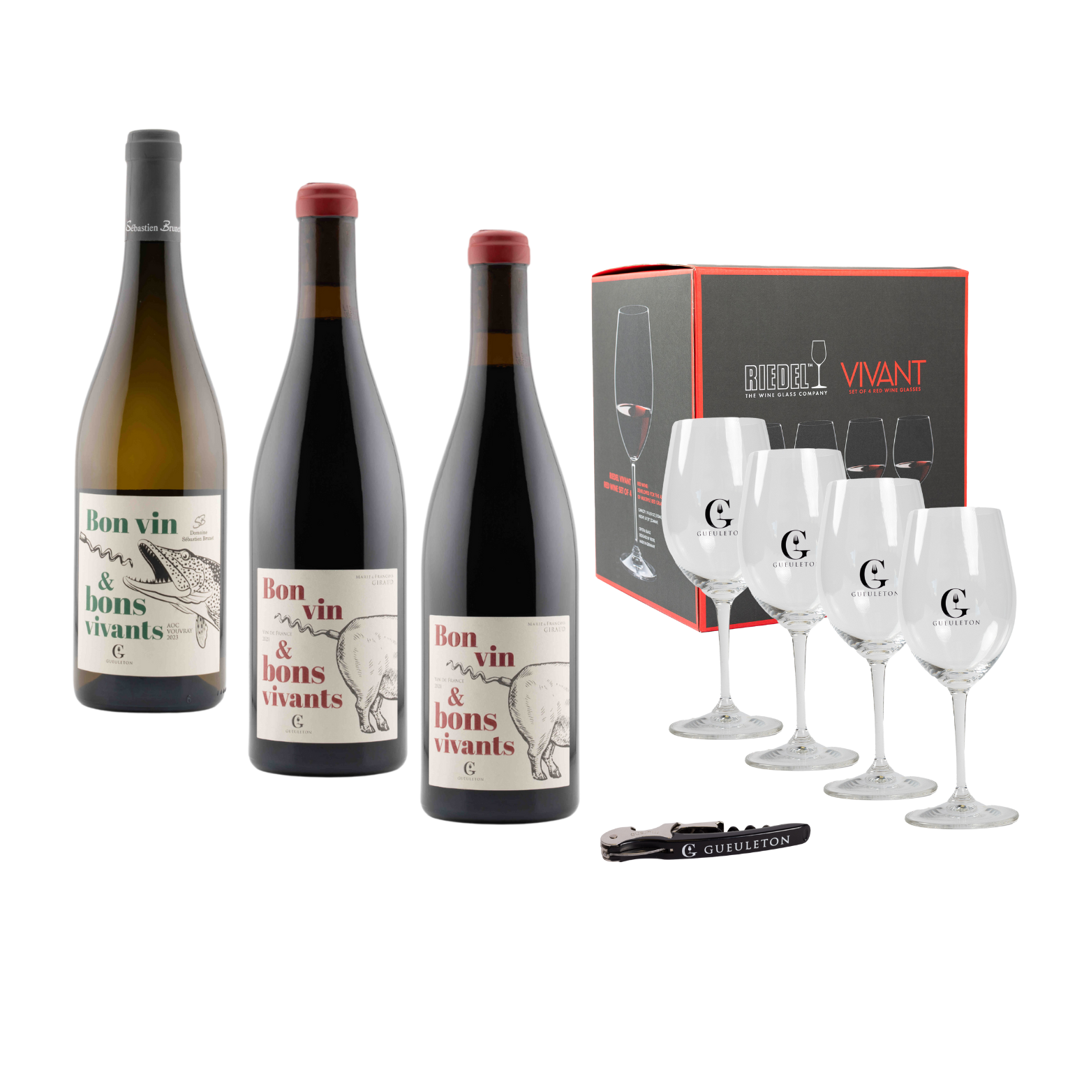 Pack Vin Gueuleton + 4 Verres Riedel Vivant + Tire-bouchon offert - 2 rouges + 1 blanc - Gueuleton