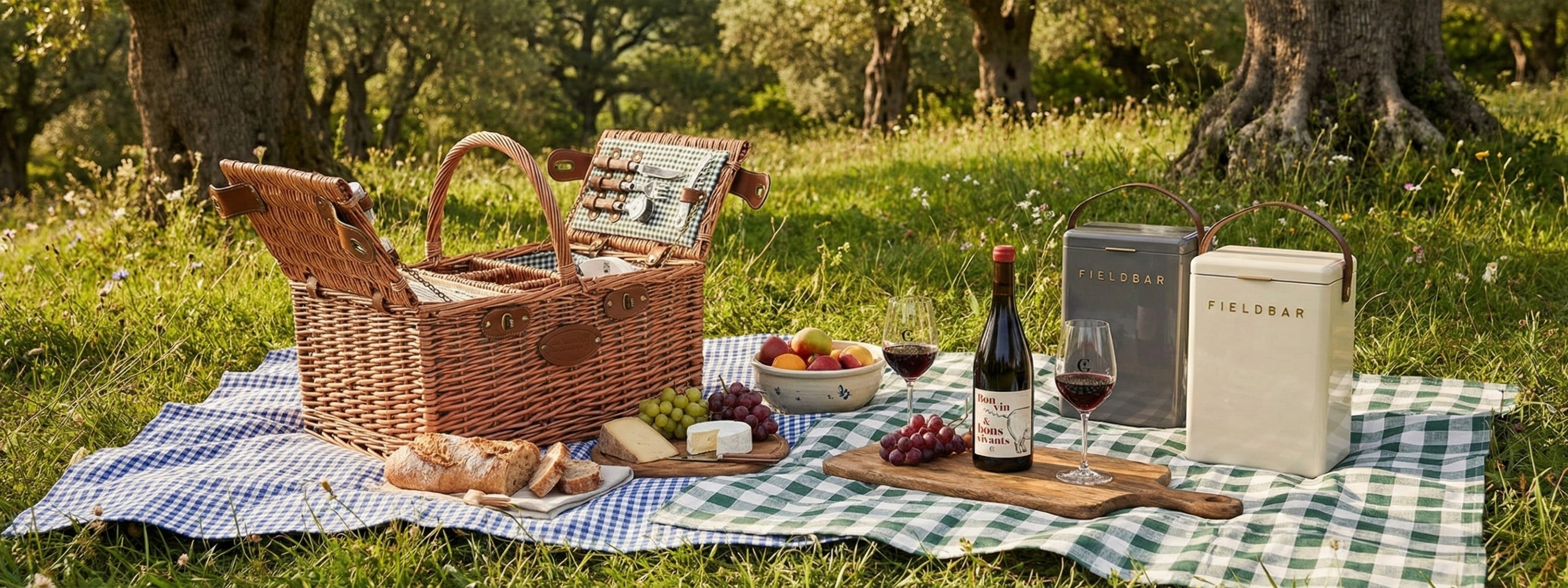 Pique-nique en plein air panier osier vin fromages plaid vichy - Gueuleton