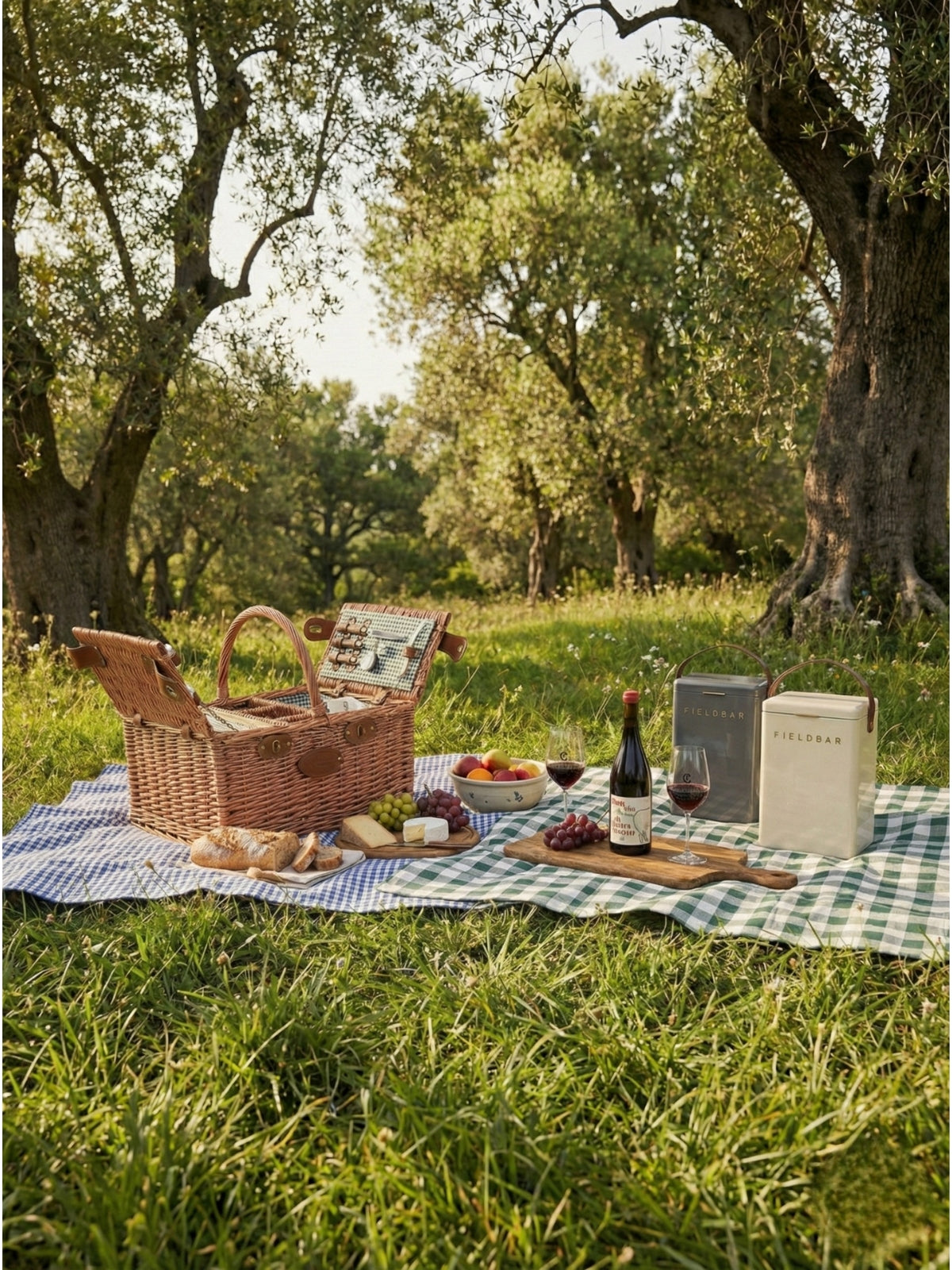 Pique-nique en plein air avec panier osier, vin et fromages - Gueuleton