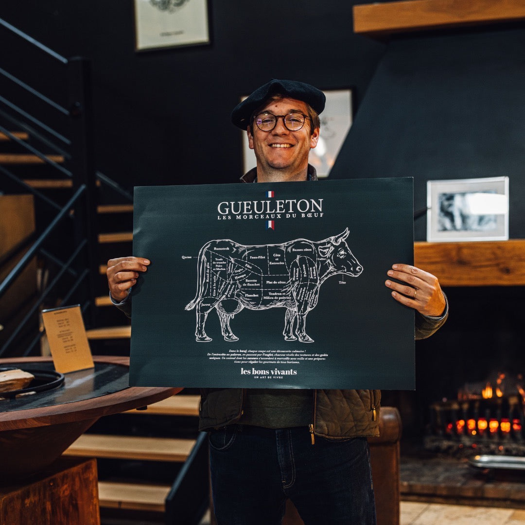 Affiche Gueuleton - Les morceaux de bœuf, avec Arthur Edange. Poster détaillant les différentes découpes de viande bovine, idéal pour les amateurs de cuisine et de gastronomie.
