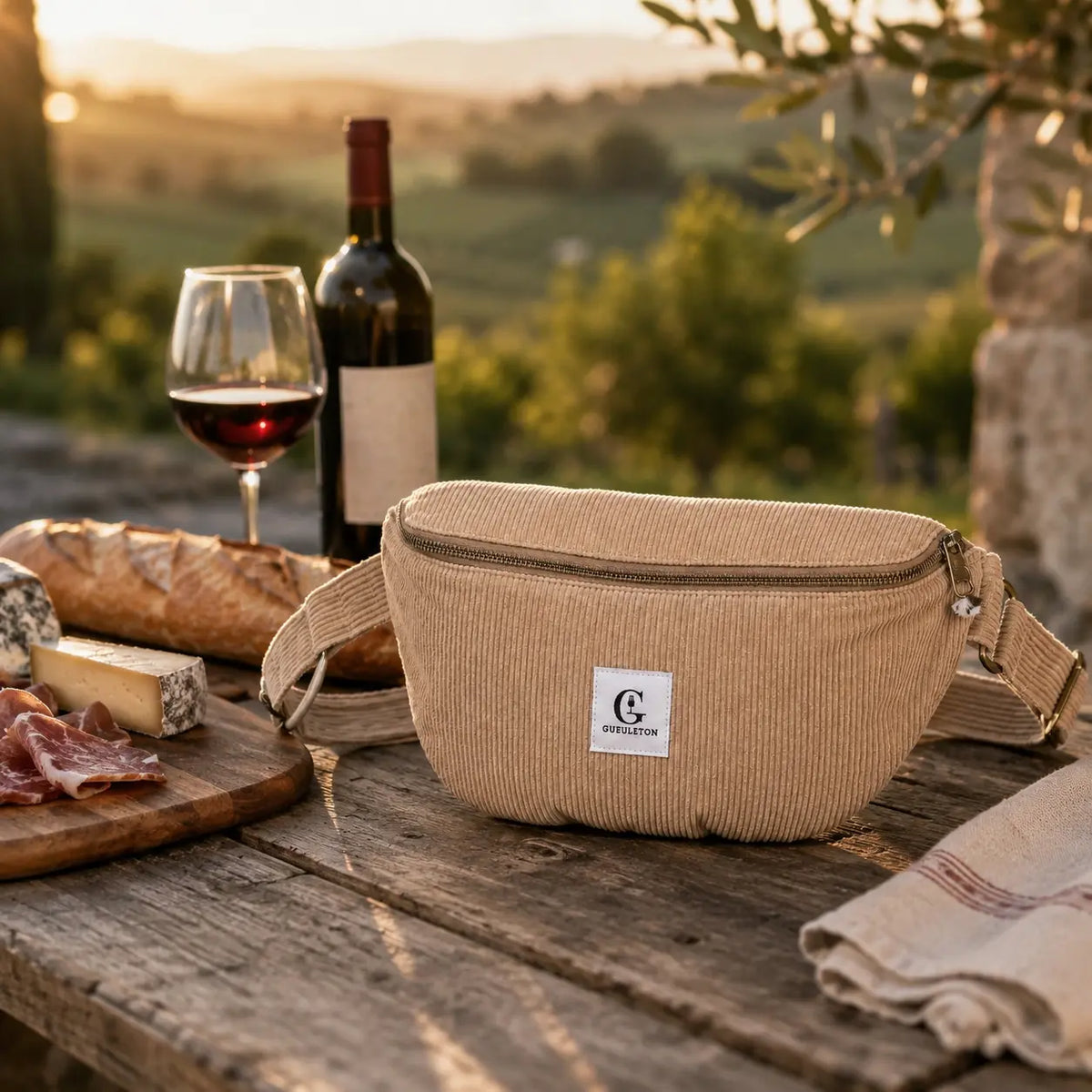 Sac banane Gueuleton en velours côtelé beige posé près d'une planche de charcuterie et d'un verre de vin rouge
