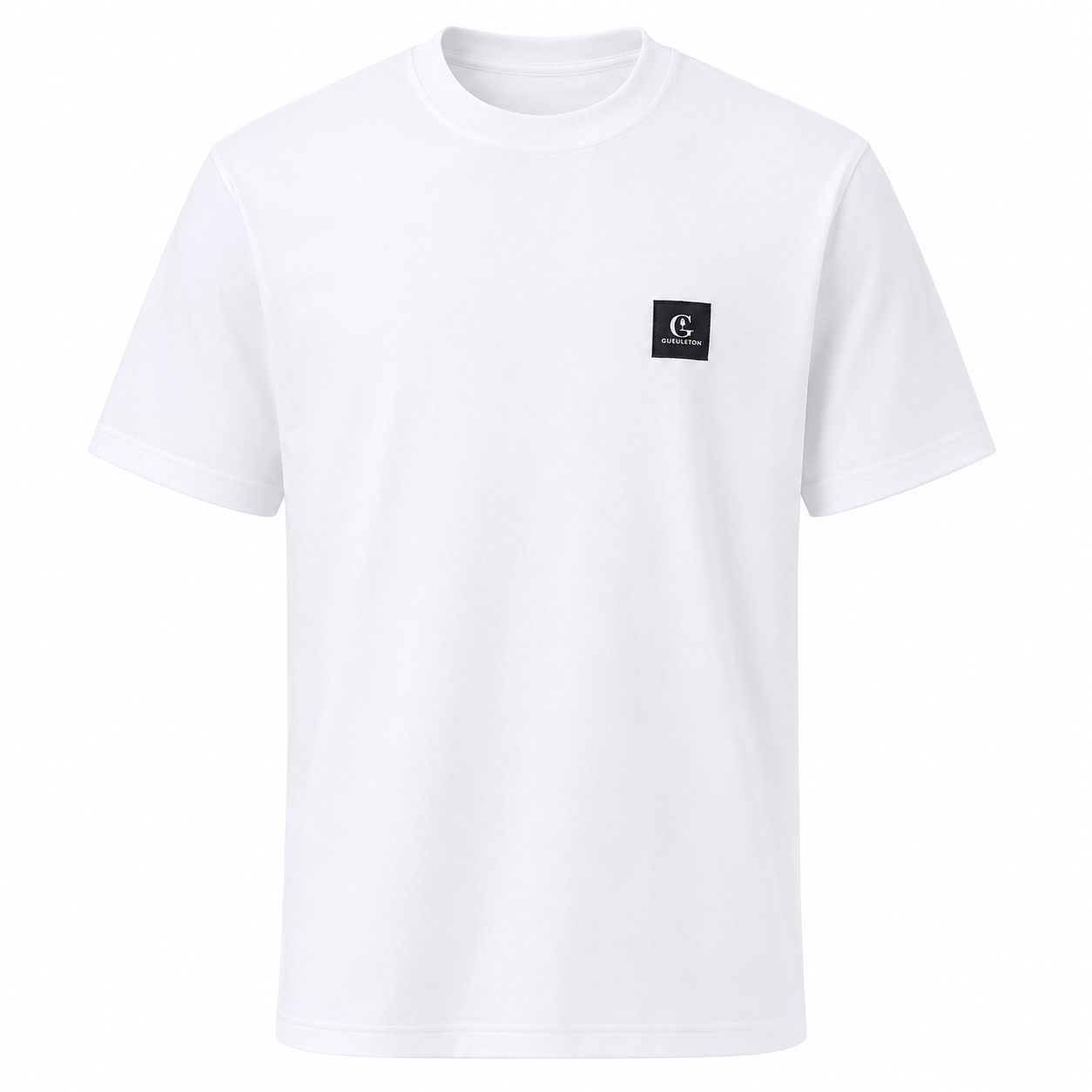 T-shirt blanc Gueuleton coton bio 180g/m², patch tissé logo G Gueuleton poitrine gauche, vue face