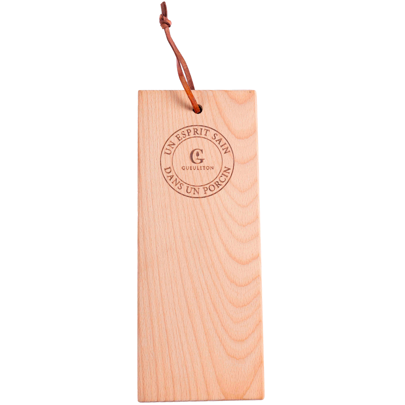 Planche en bois Gueuleton – Hêtre massif 12×30 cm, gravure « Un esprit sain dans un porcin »