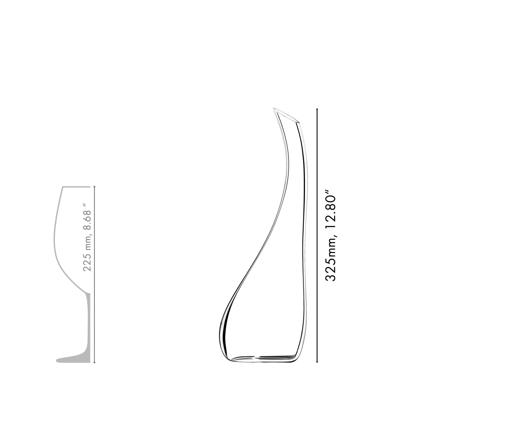 Schéma des dimensions du décanteur Cornetto Riedel – hauteur 325 mm (12,80") – profil élancé et design soufflé à la bouche