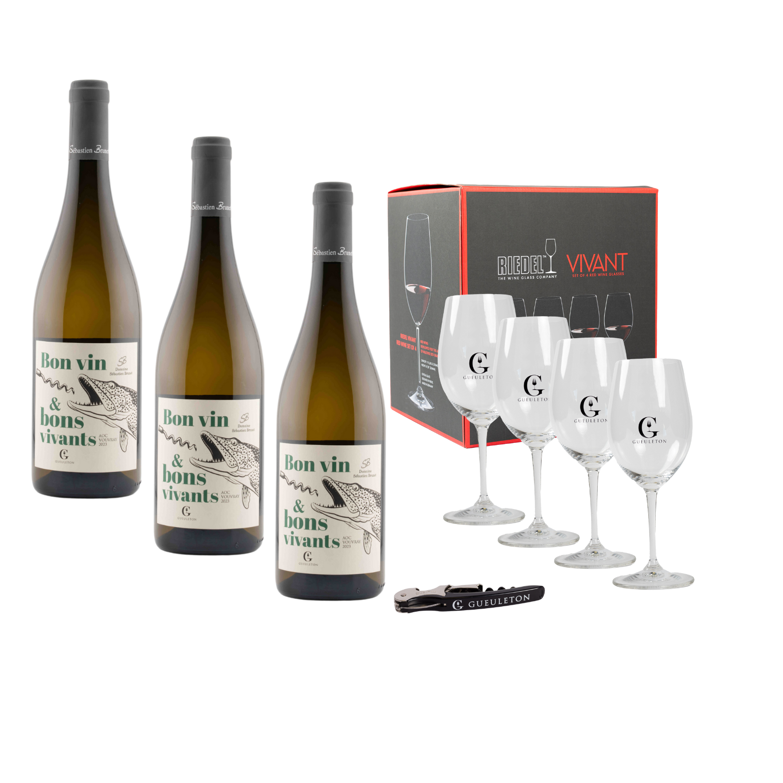 Pack Bon vin & Bons vivants Gueuleton au choix + 4 Verres Gueuleton Riedel (tire-bouchon offert)