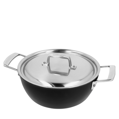 Cocotte conique Demeyere Black 5 de 24 cm avec couvercle en acier inoxydable, idéale pour des cuissons uniformes et adaptées à toutes les sources de chaleur, y compris l'induction