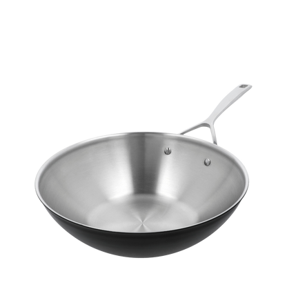 Wok Demeyere Black 5 de 30 cm avec intérieur en acier inoxydable, conçu pour une répartition uniforme de la chaleur et une cuisson optimale, doté d'une poignée ergonomique pour une prise en main confortable