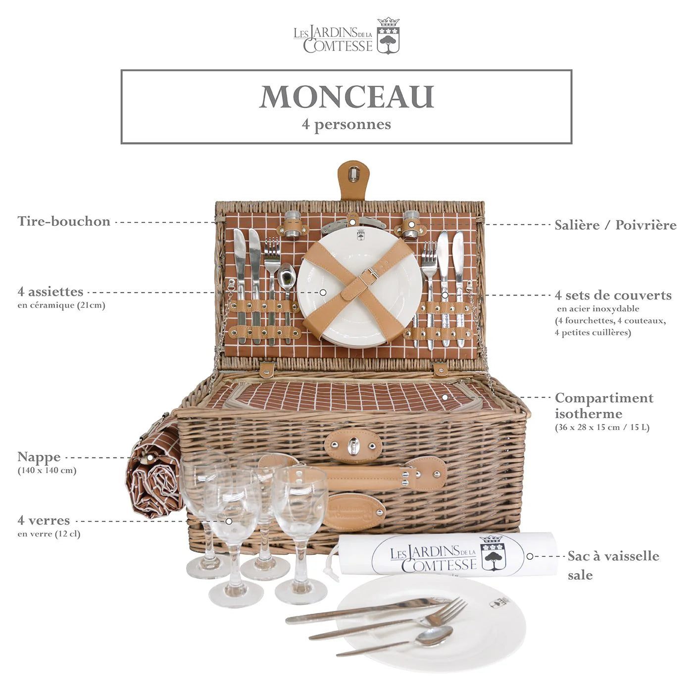 Panier pique-nique Monceau 4 personnes – Osier & nappe incluse