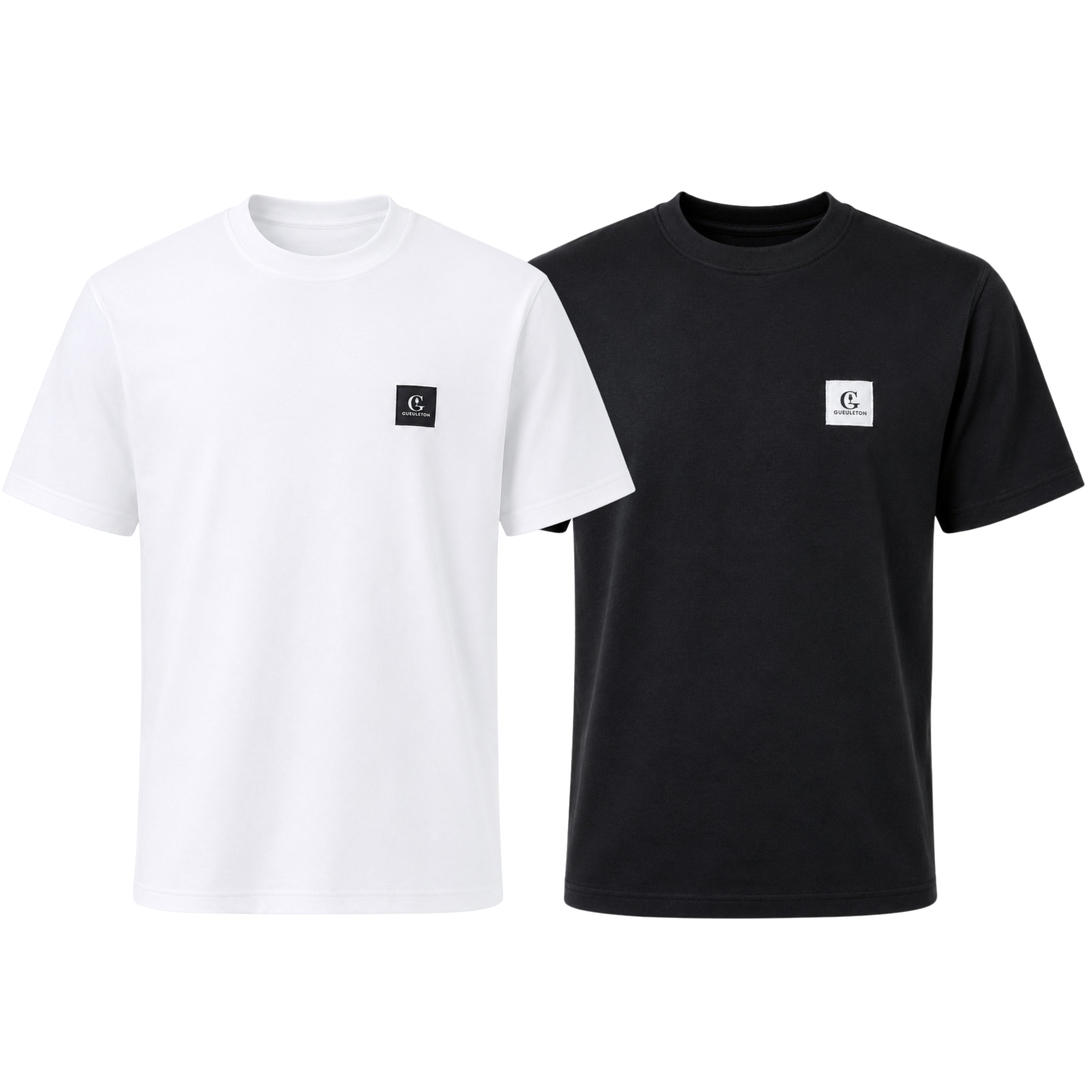 Duo de t-shirts Gueuleton Blanc et Noir en coton bio 180 g/m2, coupe Regular. Patch tissé cousu poitrine gauche, certifiés OCS, OEKO-TEX et vegan PETA.