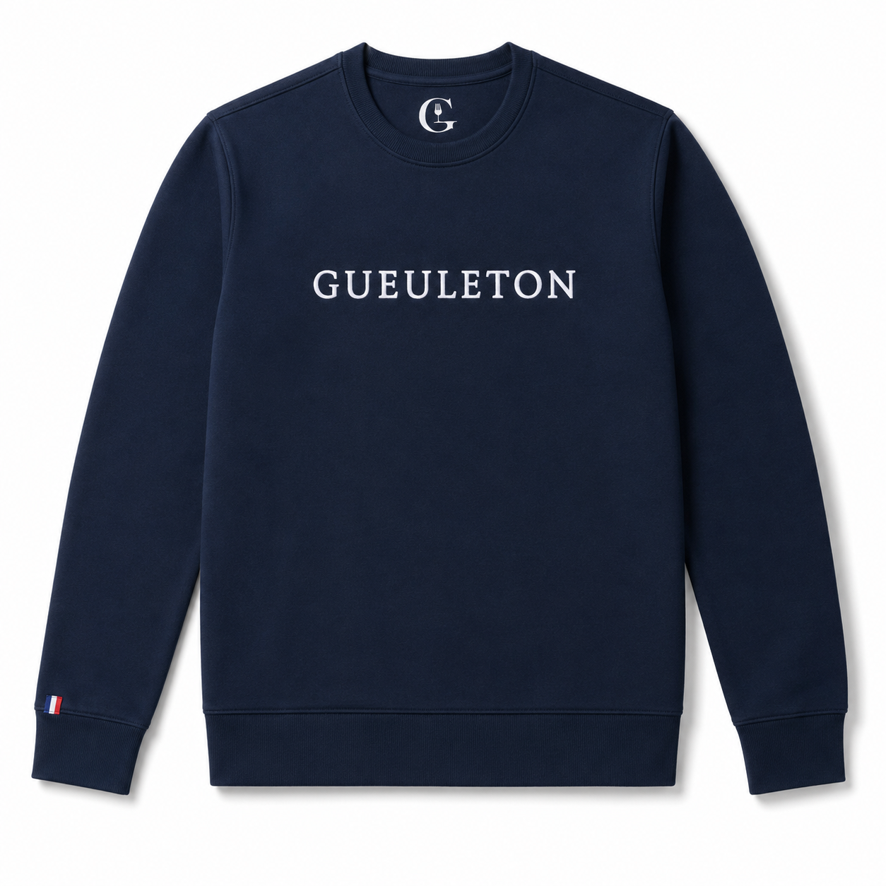 Sweat col rond Gueuleton navy en coton bio, broderie 3D blanche GUEULETON sur poitrine, patch drapeau tricolore au poignet