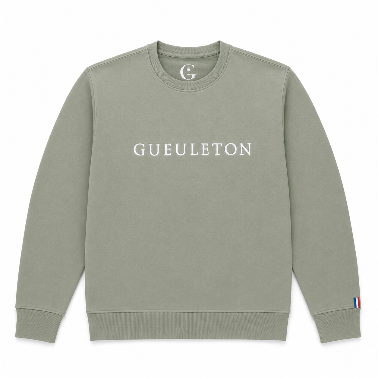 Sweat col rond Gueuleton vert sauge en coton bio, broderie 3D blanche GUEULETON sur poitrine, patch drapeau tricolore au poignet