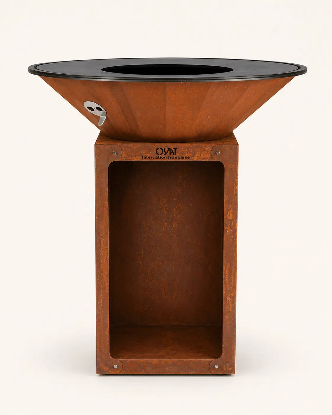Brasero Oyat 88 rangement bûches vue dos acier corten patiné