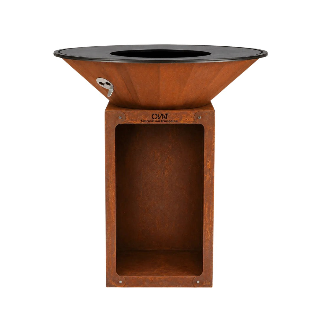 Rangement à bûches intégré au dos du Brasero Oyat 88 cm corten