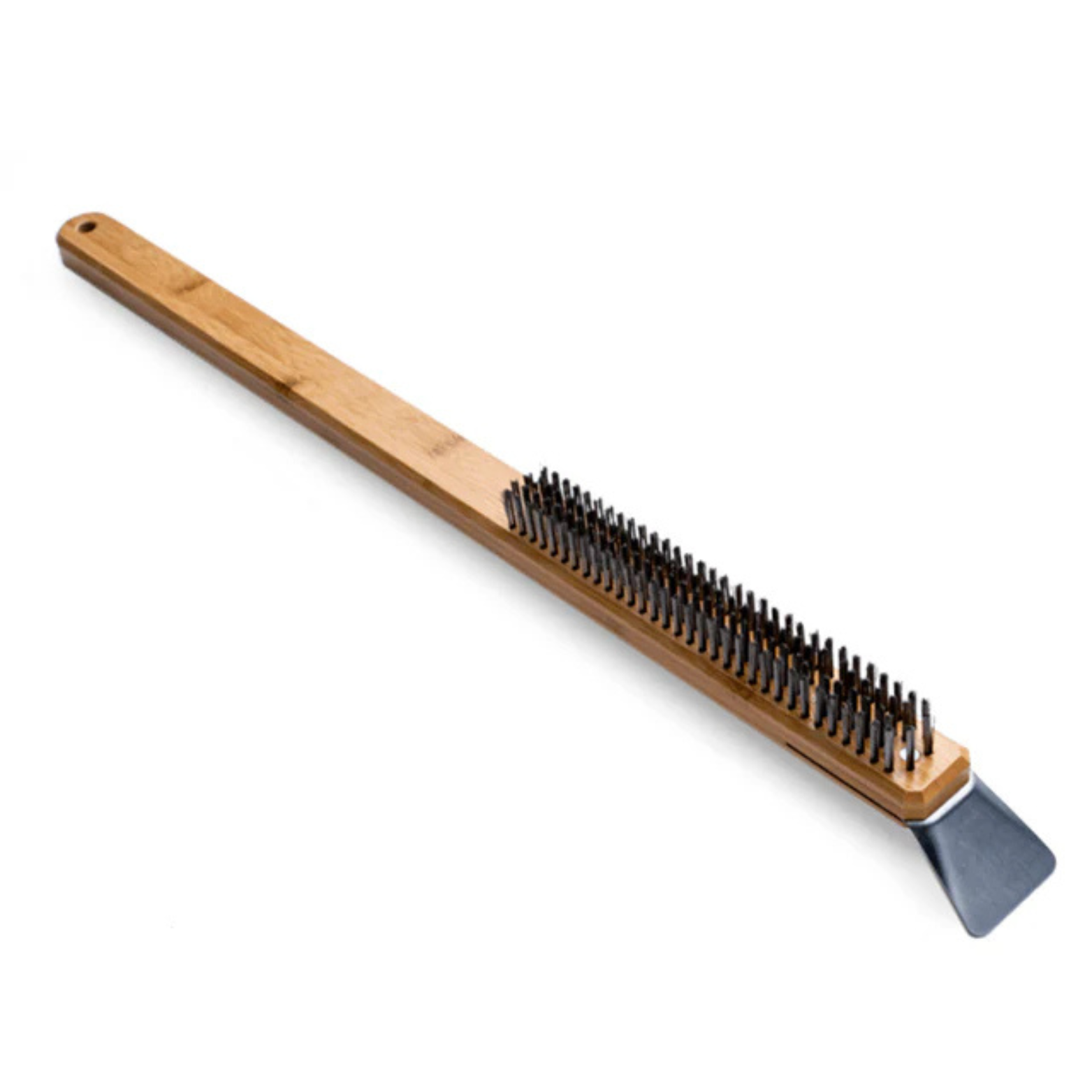 Brosse métallique Ooni – Grattoir et brosse inox 2-en-1 pour four à pizza, vue diagonale - Gueuleton