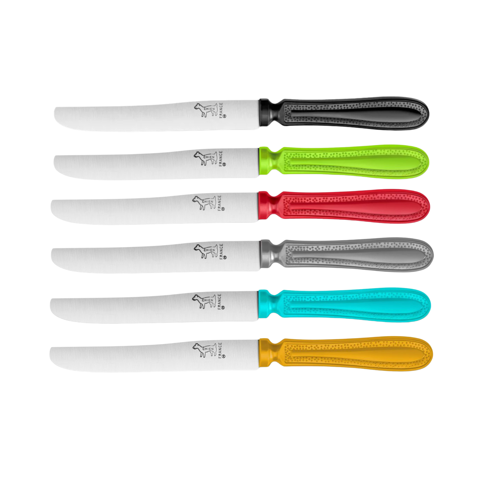 Collection de couteaux CHIEN® lame lisse en plusieurs couleurs (noir, rouge, vert pomme, bleu, jaune, gris)