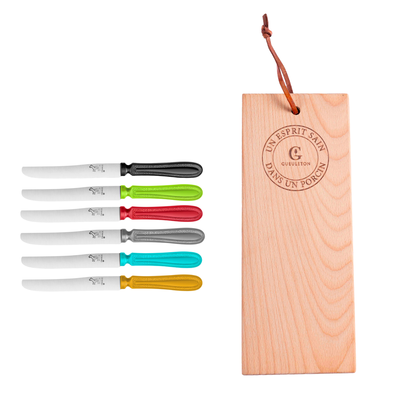 Pack Gueuleton avec planche apéro en hêtre et couteau CHIEN® lame lisse