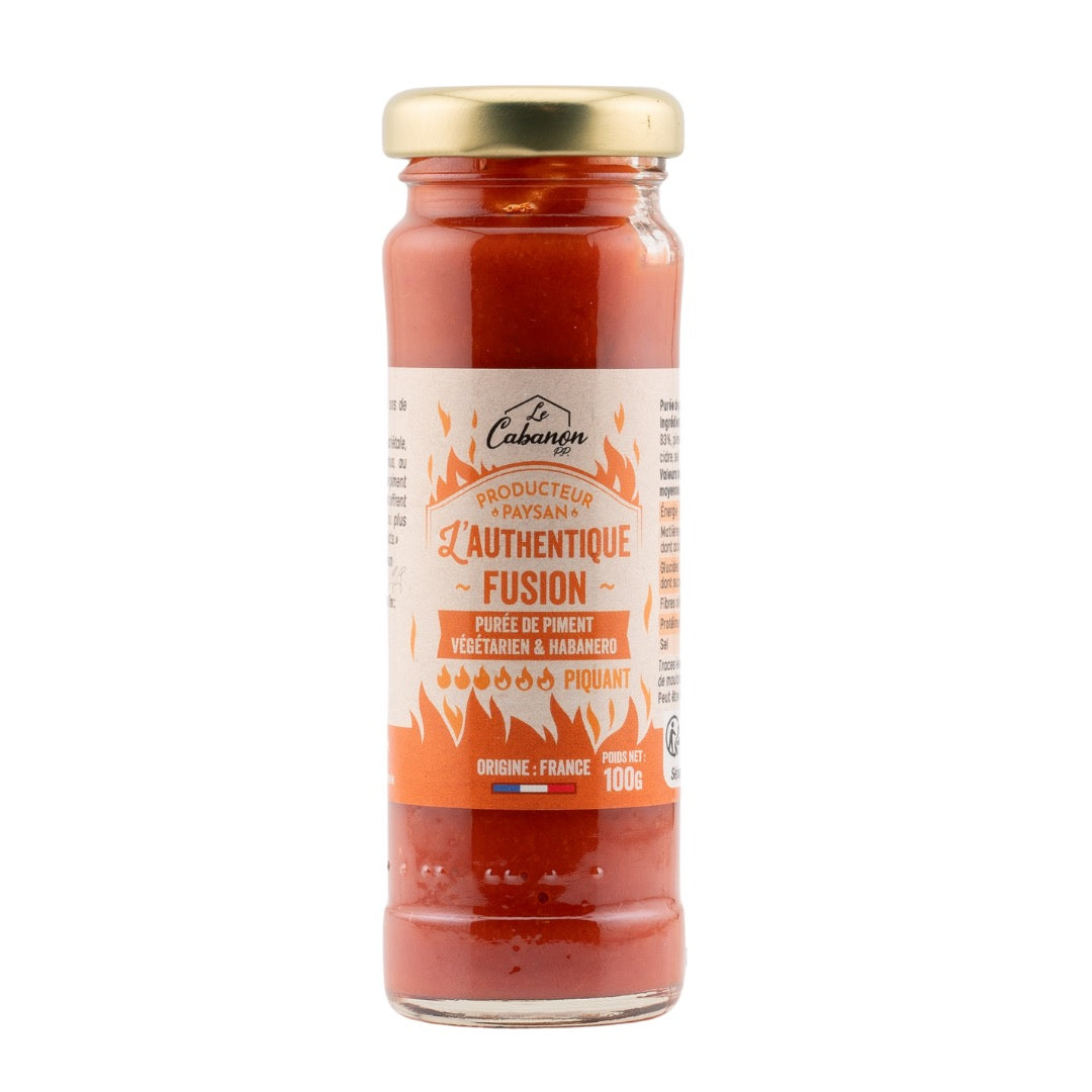 Bocal de purée de piment Fusion (végétarien et habanero) – Le Cabanon, 100g, piquant équilibré